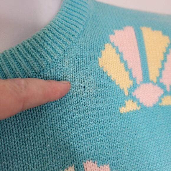 VINTAGE 90s sweater seashell‎ short sleeve crewneck blue S/M - Picture 6 of 8